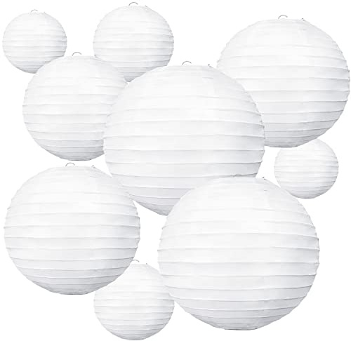 BEISHIDA 10Pcs White Paper Lanterns Decorative Chinese/Japanese Hanging Round Paper Lanterns Lamp for Birthday, Wedding, Christmas, Bridal, Home Decor, Party Decoration(Size of 4”, 6”, 8”, 10”)