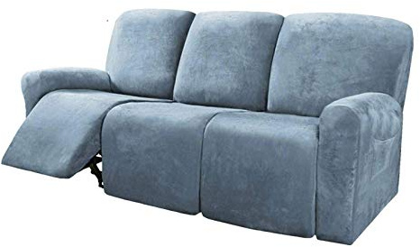 Honeyhouse Dicke Samt Sofabezüge 3-Sitzer,Super Stretch rutschfeste Couchbezug 8-Teiliges Set, Elastische Möbel Protector Plüsch Sofa Schonbezüge mit Armlehne (Blau)