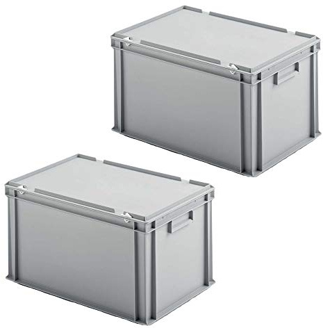 2 eurobox med gångjärnslock, LxBxH 600 x 400 x 330 mm, PP, livsmedelssäker, grå