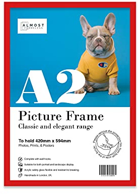 Almost Frameless A2 Red Picture Frame, Fits A2 (42 x 59.4cm - 16.5 x 23.4in) Poster, Photo, or Print. Portrait and Horizontal Wall Hooks