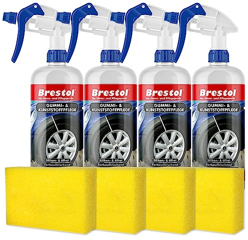 Brestol Lot de 4 Produits d'entretien pour Caoutchouc sans Silicone - 500 ML - Éponge de Polissage et tête de pulvérisation (7591.8) - Entretien des pneus