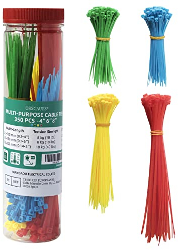 OSXCAUES 350 Stück 100/150/200 mm Farbiges Kabelbinder-Set aus Nylon-Kunststoff-Kabelbinder, UV-beständig, Zugfestigkeit bis zu 18 kg für die Kabelführung