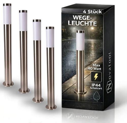 Novatool 4X Wegeleuchte I 80 cm I Edelstahl I IP44 I E27 Sockel I Wegebeleuchtung aussen Aussenleuchten Garten Standleuchte Terassenleuchte Gartenleuchte stehend Terrassenlampe