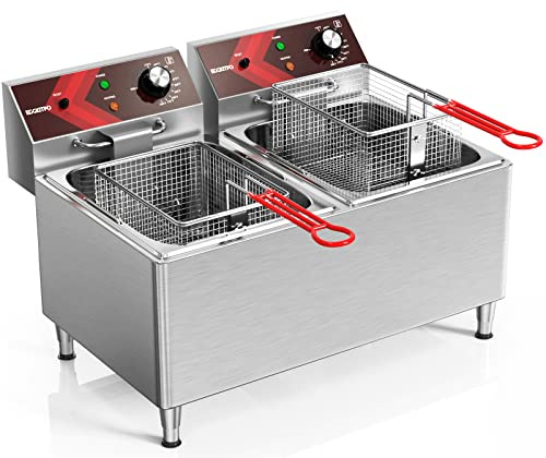 EGGKITPO Deep fryers Commercial Deep Fryer 12L x 2 Large Dual Tank Electric Countertop Fryer for Restaurant with 2 Frying Baskets and Lids, 1800W x 2, 120V
