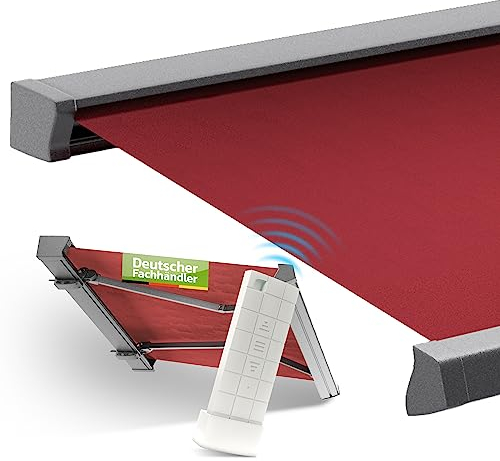 EKOVIA Vollkassettenmarkise „Premium“ 4x3m Weinrot | Elektrische Kassettenmarkise mit Fernbedienung | Acryltuch | Moderner Sonnenschutz, Sonnenmarkise mit Gelenkarmen | Größen und Farben wählbar