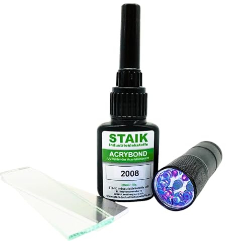 STAIK Acrybond UV-Kleber Glas Metall [16g] – Hochfester Glaskleber | Für Glasreparatur, Möbel & Modellbau | Glasklar härtend in Sekunden | Made in Germany