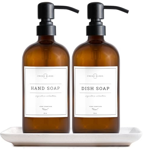 Vine Creations Bernsteinglas Seifenspender, 2 Pack Küche Seifenspender Set mit Keramikschale, Edelstahlpumpe, Spülseifenspender für Küche, Handseifenspender mit Wasserdichten Etiketten