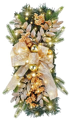 Starnearby Türkranz Weihnachts Girlande mit Lichter, Weihnachts-Treppendekoration, Künstlicher Kranz für Haustür, Treppe und Kamin Weihnachtsdekoration 45 * 20CM(Gold mit Lichter A)
