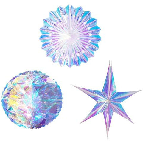 Hanging Iridescent Party Decorations 3 PCS - GREATRIL Honeycomb Ball Hexagonal Star Ornament Hanging Paper Fan for Christmas/Mermaid/Frozen/Snowflake/Birthday Themed Party Supplies
