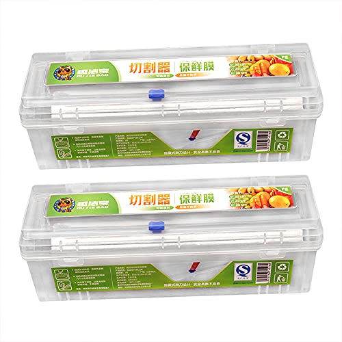 Rubruan Lot de 2 boîtes de rangement pour coupe-film - En plastique PE avec cutter pour film alimentaire - Qualité alimentaire - 34 x 9,8 x 10,6 cm (transparent)