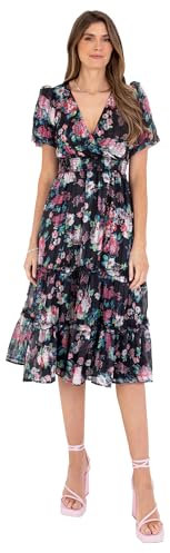 Kärleksdrobe kvinnor midi klänning V-hals kort puffärm Wrap skjorta midja blommig tryck passform och flare bröllop gäst svart 46, svart, 46 SE