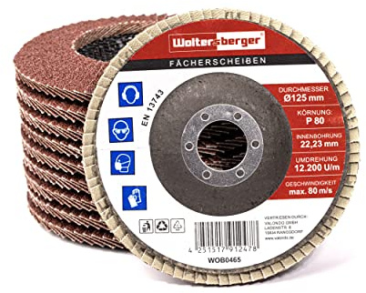 Woltersberger® SET mit 10 Stück Fächerscheiben Ø 115mm | je 2x Körnung P40, P60, P80, P100, P120 | Braun für Metall & Holz Korund Winkelschleifer Schleifmop Lamellenscheiben Schleifscheiben