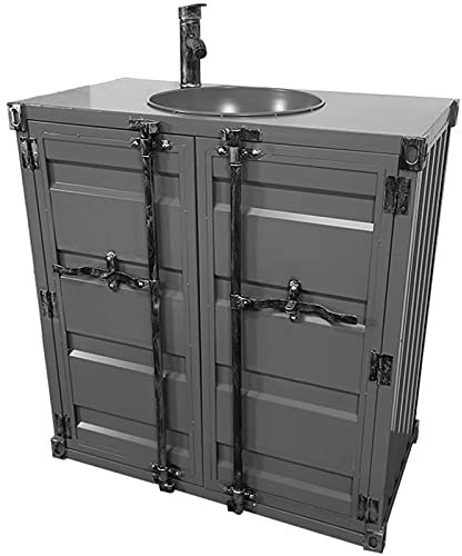 SmPinnaA Mobile Da Bagno Autoportante, Mobile Portaoggetti Per Lavabo In Ferro Battuto In Stile Industriale Con Rubinetto E Scarico 31,8 X 16,9 X 33,4 Pollici,Grigio,Con Specchio