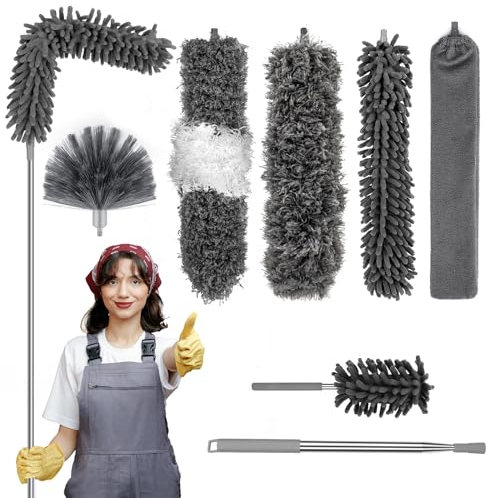 7 Pieces staubwedel teleskop,ausziehbar bis zu 245cm,staubwedel, der sowohl Decken, Deckenventilatoren als auch Spinnweben reinigt, teleskop staubwedel auch zum Wischen von Ecken geeignet