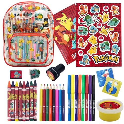Pokémon - Malset für Kinder - Malbuch - Bastelset - Rucksack – Filzstifte – Buntstift – Sticker - Aufkleber selbstklebend – Geschenk Idee für Geburtstag Kinder - Geschenke für Jungs und Mädchen