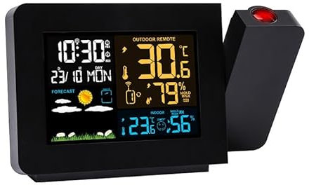 BAIZHONGJIE Reloj Despertador De ProyeccióN, EstacióN MeteorolóGica con Pantalla LCD,Proyector De Reloj Digital En El Techo con Pantalla De Temperatura Interior/Exterior, Alarmas Duales