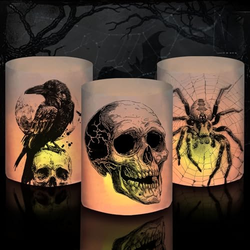 12 Windlicht Tischdeko Dekoration, Halloween Deko Innen Outdoor Garten Gruselig, Horror Deko mit Totenkopf Krähe Spinne, Halloween Deko Kinder Geburtstag Party Set, für Teelichter/Kerzen