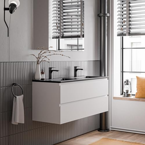 BERNSTEIN Badmöbel-Set AVA 120cm, Waschbecken mit Unterschrank in Weiß matt, Keramik-Waschbecken in Schwarz matt mit Hahnlöcher, Ideal für große Bäder