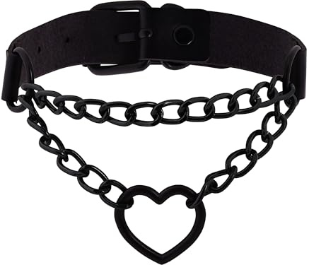 Hanary Gothic-Herz-Kette, Choker-Halskette, PU-Leder, Gothic-Punk-Grunge-Emo-Halskette, Halloween-Weihnachtsschmuck, Geschenk für Damen, Herren, M, Edelstahl, Kein Edelstein