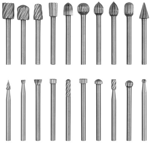 Mesee Lot de 20 Fraises Rotatives HSS Burrs Rotatives en 3mm Tige, Coupe Rotative Bavure Outil Routage de Bois en Acier Rapide pour Fraisage Sculpture Polissage sur Bois Pierre Métal