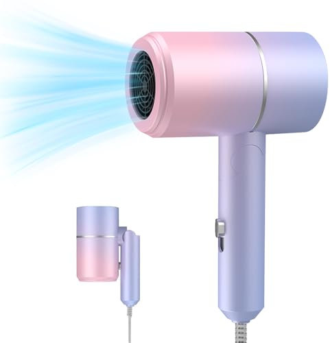 Secador de pelo iónico pequeño, secador de viaje de 800 W, secador de pelo plegable, set de secador iónico pequeño con botón de calor/frío y boquilla para viajes, hogar y salón (Color degradado)