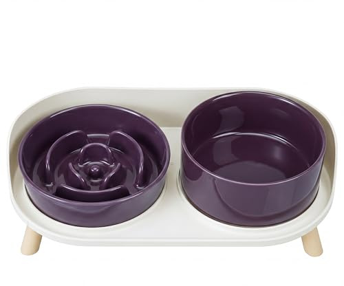 PTOBER Comedero Perro Antivoracidad - Set de Cuenco Perro Lento Comer Elevado para Comida y Agua - Cerámica con Base Antideslizante - Perros Pequeños y Medianos