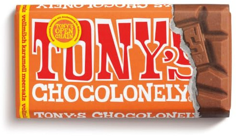 TONY'S CHOCOLONELY - Vollmilchschokolade mit Karamell & Meersalz 90 g. Fairtrade Schokolade. Ohne Palmöl, hergestellt in Belgien
