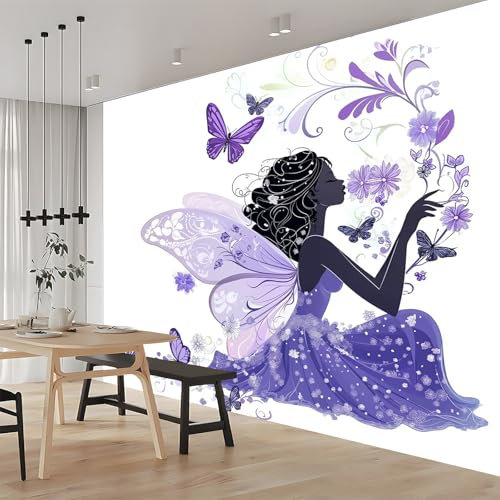 Fototapete Schlafzimmer Cartoon Mädchen Schmetterling Fototapete 3D EFFEKT 200 x 140 cm Vlies Tapeten Moderne UV-Beständig Wandbild Wandtapete Wohnzimmer Junge Schlafzimmer Flur Lila Weiß