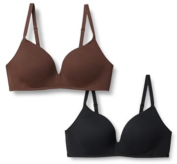 Amazon Essentials Women's Cotton Jersey Lined Plunge Bralette, Pack of 2, Black/Rich Hazel, 38A