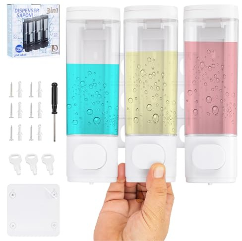 DANIOM Dispenser Sapone Bagno a Muro - Porta Sapone Bagno da Muro a 3 Scomparti X 300ml con Chiave - Montaggio con e Senza Foratura - Dispenser Doccia Shampoo e Bagnoschiuma e Balsamo a Parete Bianco