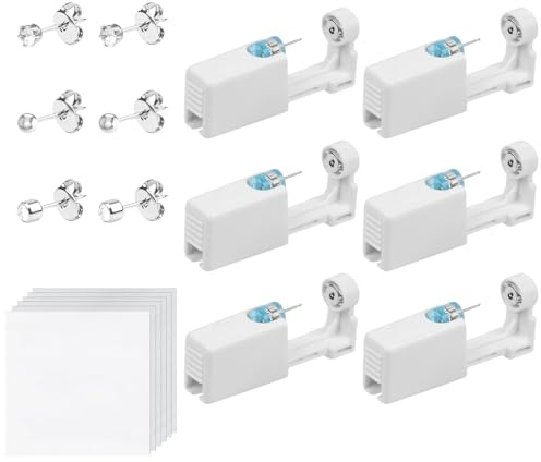 Aucuu Piercingpistol, engångspistol, smärtfritt engångskit för öronpiercing, självpiercing, säker och steriliserad öronpiercingpistol med 10 örhängen för tjejer, kvinnor och män, 6pcs, Rostfritt stål