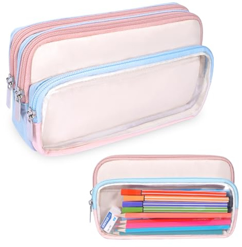 FINPAC Federmäppchen Mäppchen mit 3 Fächer für Schule Büro | Große Kapazität Federtasche mit Transparenter Fäche Stiftetasche Schlamperbox Bleistifttasche Schulmäppchen Pencil Case