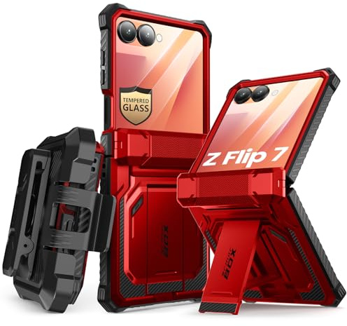 i-Blason for Samsung Galaxy Z Flip 7 Case with Stand & Belt-Clip, Red | Built-in Screen Protector, Hinge Protection, Belt-Clip, KickStand, Full-Body Protection, Military