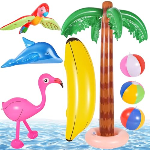 CUVZORA 8 Stück Aufblasbare Palmen Spielzeug Set, Flamingo Papagei Delphin Bananen Strand Bälle, Hawaii Deko für Luau Party, Sommerfest, Garten und Schwimmbad