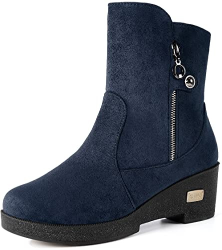 Gaatpot Winterstiefel Damen Warme Gefüttert Stiefeletten mit Keilabsatz Stiefel Reißverschluss Elegant Boots Schuhe Dunkelblau EU38=CN39 (245)