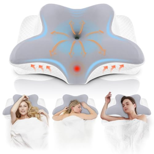 NVKHG Memory Foam Pillow, Orthopedic Neck Support Ergonomic Pillow for Side, Back & Stomach Sleepers, Contoured Bed Pillow with Breathable Cover,62x41x13/11cm, White/Grey