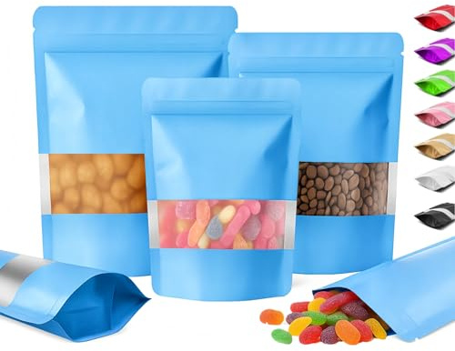 Plaphy 100-pack Återförslutbara Stående Aluminiumfolie Zippåsar med Fönster, Matta Färgade Stand up Ziplock Mylarpåsar, Lufttäta Doypack för Förpackning och Förvaring Livsmedel (Blå, 14 x 20 cm)