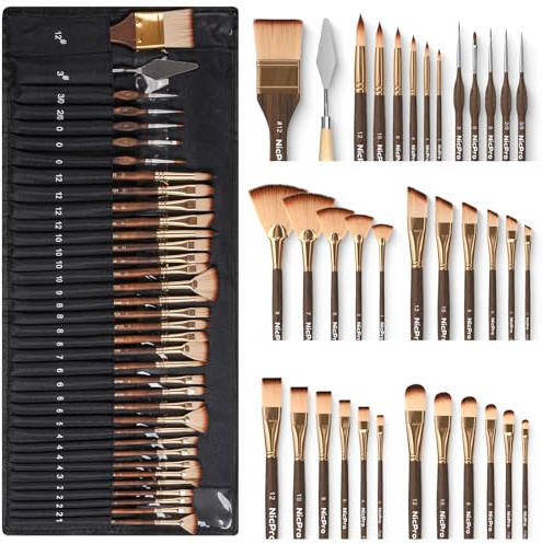 Nicpro 36pcs Paint Brush Set, Professional Paintbrushes with Palette Knife and Cloth Roll, Suitable for Acrylic Painting, Oil, Watercolour, Gouache, Art Supplies for Artists & Beginners (Gold Color)