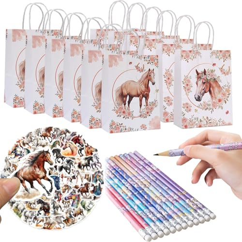 Yhjxly 84 PCS Kinder Geburtstag Pferde Gastgeschenke, Pferde Party Mitgebsel, Pferdegeburtstag Gastgeschenke mit Bleistifte Geschenktüten Sticker für Kinder Jungen Mädchen