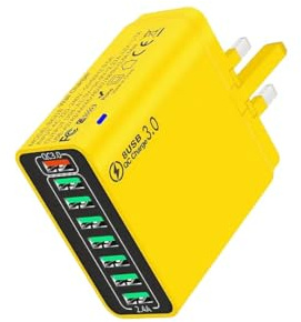 8-Port USB Wall Charger with LED Indicator, Fast Multi-Device Charging, 220-240V AC Power, British Plug, Portable USB Adapter (Yellow)