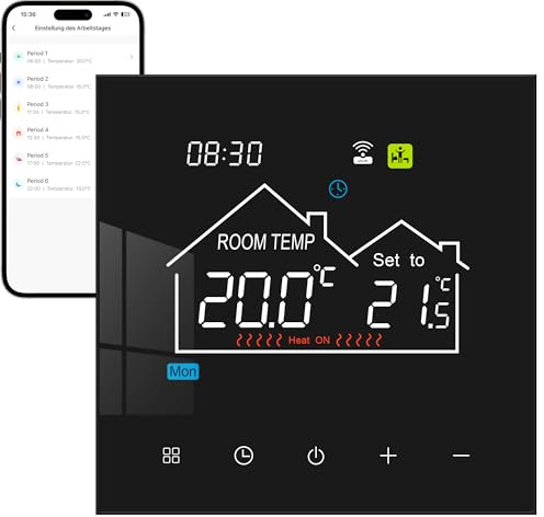 Thermostat Fussbodenheizung Smart für Elektrische Bodenheizung, WiFi Raumthermostat Fußbodenheizung Digital Programmierbar Kompatibel mit Tuya Alexa und Google Assistant,Touchscreen 230V 16A Schwarz