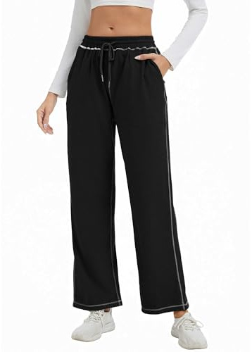 adorence Pantalon Jogging Femme Taille Haute Décontracté Large avec Poche, Pantalon de Survêtement Sport, pour Détente, Yoga, Fitness - Noir L