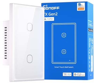 SONOFF TX Gen2 - Interruptor táctil inteligente de pared, panel de 2 canales de 120 tipos, alimentación de cable sin vivo, Wi-Fi de 2.4 GHz y aplicación eWeLink, compatible con Matter y Alexa, T6-2C