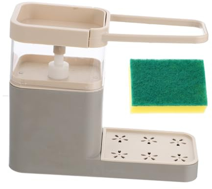 Toyvian Multifunctional Manual Essence Dispenser with Towel Holder Capacity Soap Pump Storage Case for Kitchen Sink Cleaning Sponge Brush Holder Gray