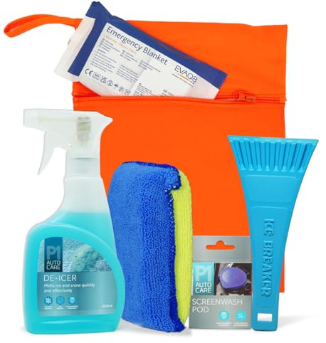 EVAQ8 Winter Car Essentials Kit - De Icer Kit with De-Icer Spray, Ice Scraper, Windscreen Demister Pad, Screenwash Concentrate & Emergency Blanket | Winter Car Care Kit in Orange Bag | Five-piece winter kit in an orange carry bag - Screenwash concentrate for washer bottle top-ups