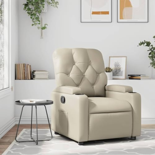 Yunovire Relaxfåtölj, gräddfärgad, konstläder, manuell liggfunktion, bekväm stoppning, mugghållare, sidoficka, stabil konstruktion för vuxna, sovrum, vardagsrum, modern möbel