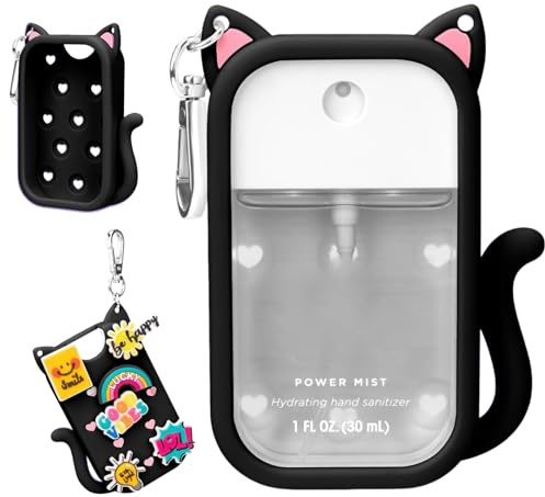 Custodia in Silicone per Spray Disinfettante Mani, Simpatico motivo a gatti, Cover Protettiva Portatile con Portachiavi per Igienizzante Mani Spray, Accessori da Viaggio (Nero)