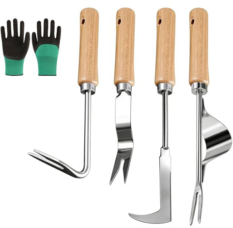 Rylae 4 Stück Unkrautstecher Edelstahl mit Holzgriff, Fugenkratzer, Wurzeljäter, Manueller Weeder, Unkraut Entferner Gerät für Gartenarbeit, Unkrautjäter zum Entfernen von Moos & Unkraut