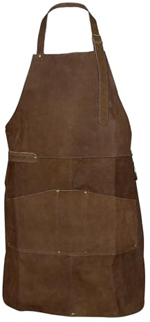 DEMHAAS Lederschürze aus Büffel-Nubukleder, Grillschürze und Kochschürze für BBQ, Grillen, Kochen und Werkstatt, Verstellbare Träger, Fronttaschen, Metallring, Handgefertigt (Braun)