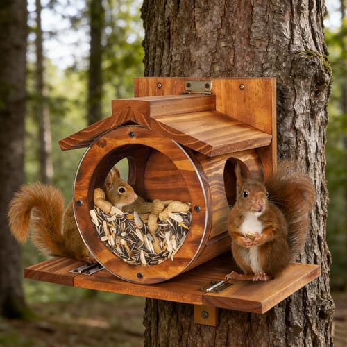 HAOWYYUU Eichhörnchen Futterhaus Wetterfest Holz mit Runden Transparentes, Futterstationen für Eichhörnchen, Aufhängen Eichhörnchenhaus Futterstation mit 2 Eingänge